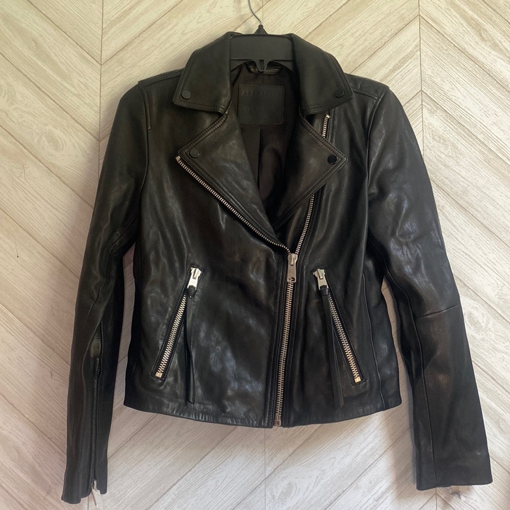 AllSaints Black Leather Asymmetric Moto Jacket